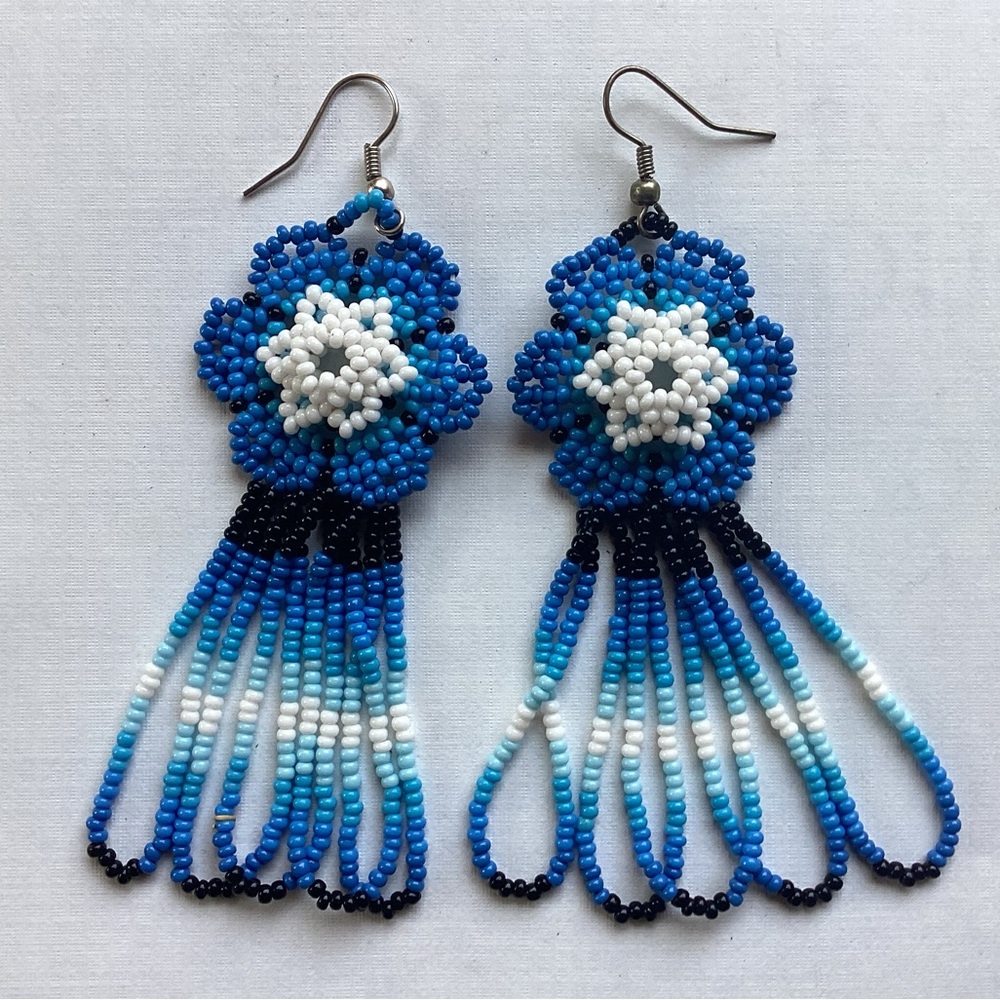 New Import Huichol of Mexico Bead Raised Flower Dangle Earrings Boho Tribal Art